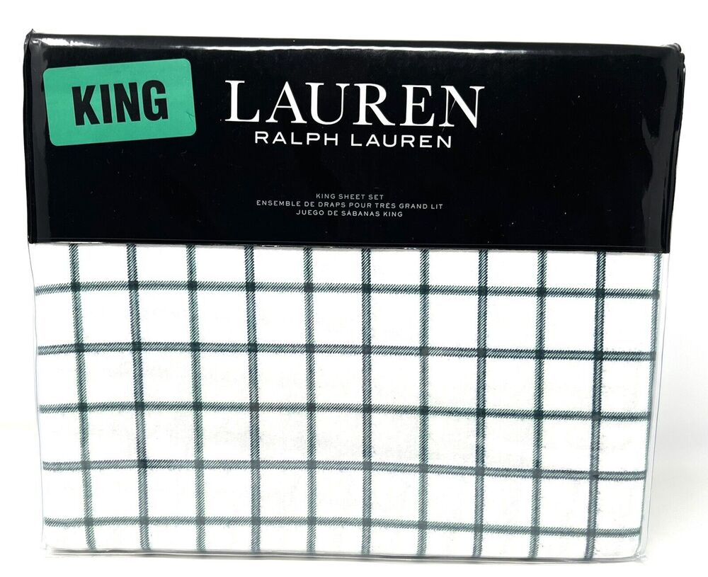 Ralph Lauren Millerton Plaid Flannel Sheet Set King Size Check Green Blue *READ*